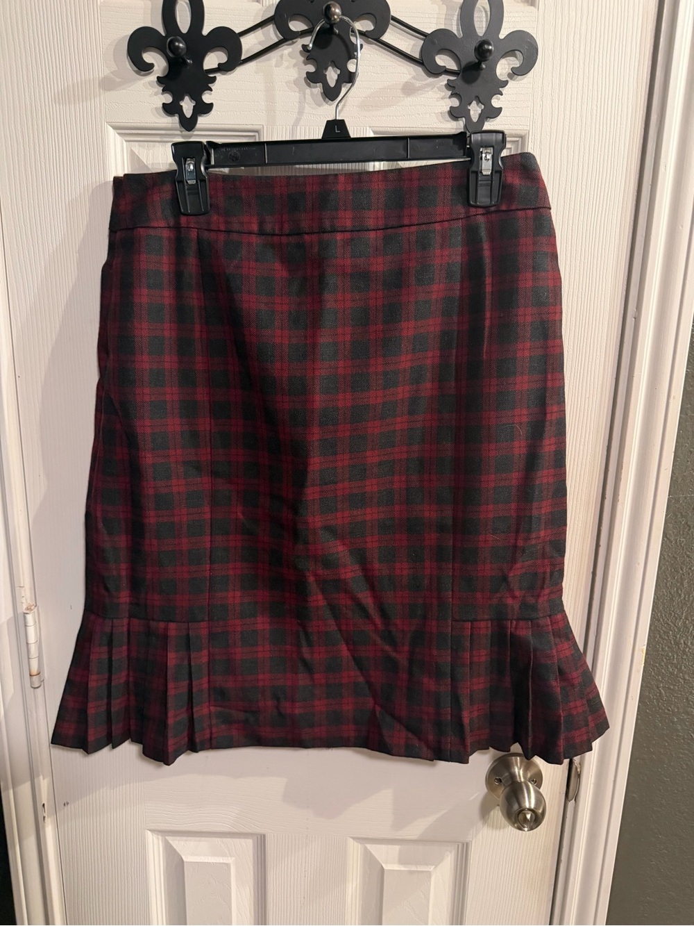 Brooks Brothers Red and Black Plaid Pencil Skirt with Pleated Hem
